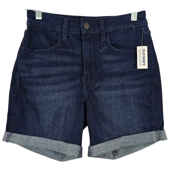 M Old Navy High Rise Wow Dark Blue Denim Jean Shorts NWT Size 0 Rolled Hem New - Picture 1 of 8